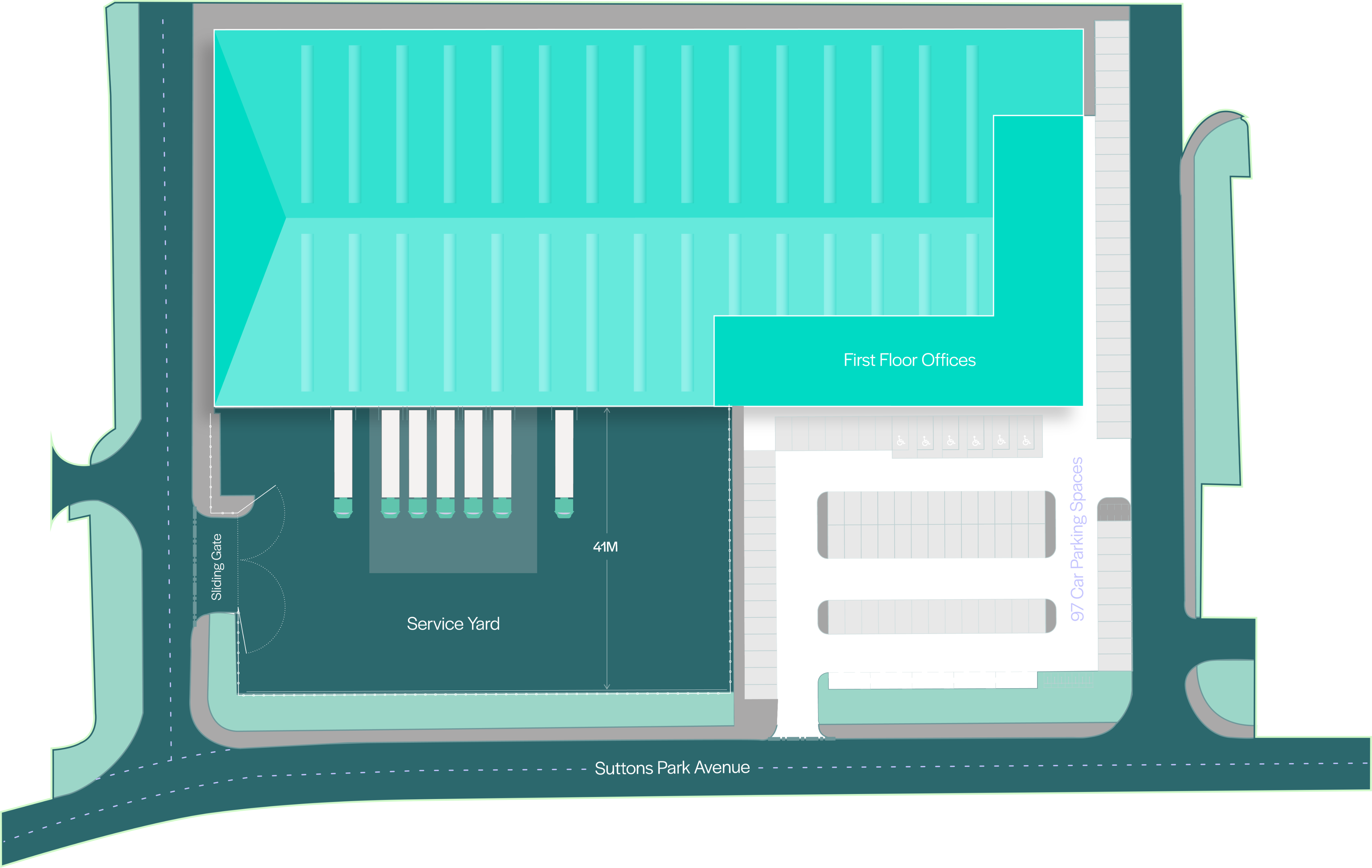 Site plan of Suttons Central showing the warehouse, first floor offices, service yard, 87 car parking spaces and access from Suttons Park Avenue.